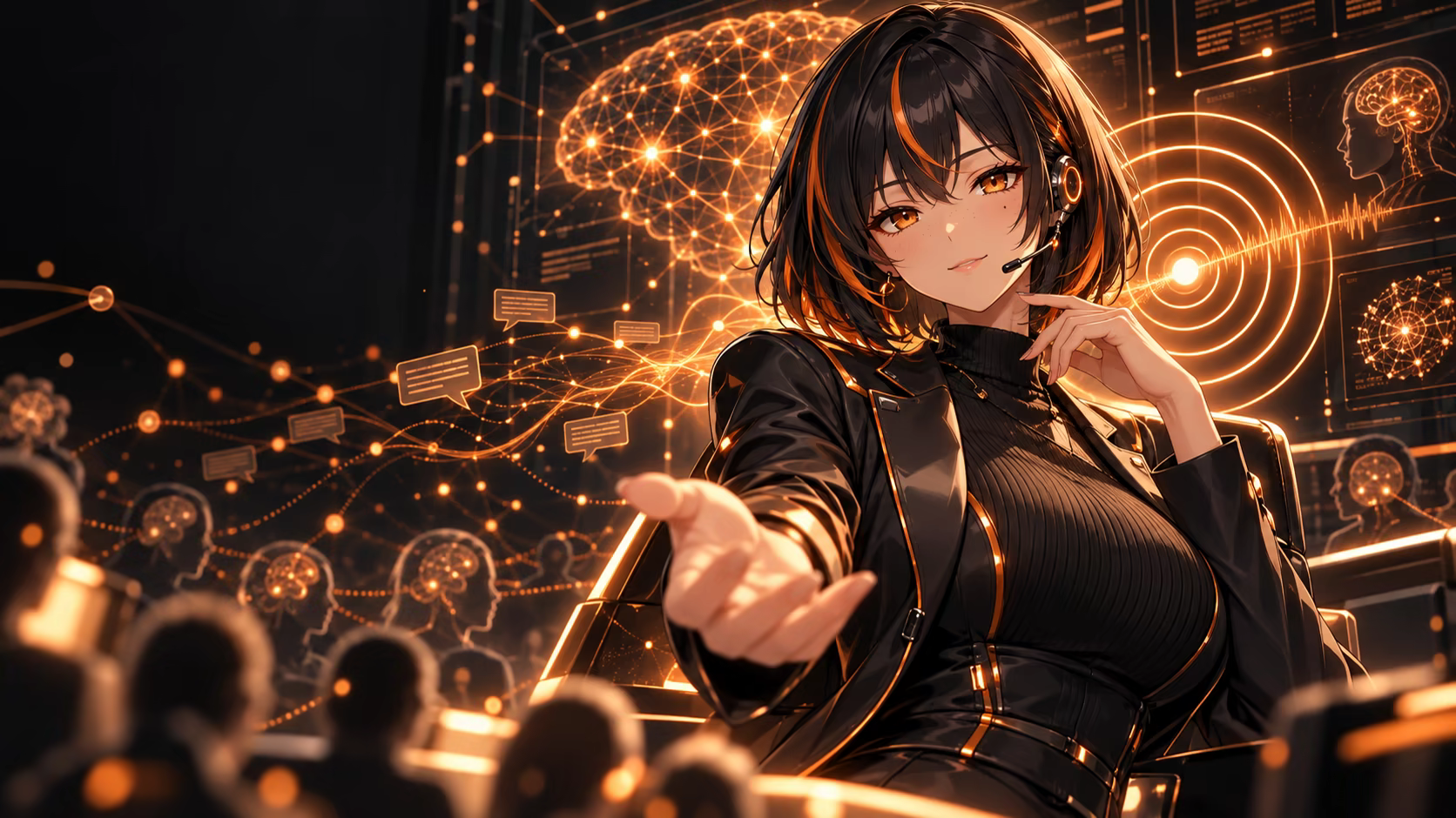 Adult anime-style intelligence operator surrounded by glowing orange neural pathways and persuasion waves
